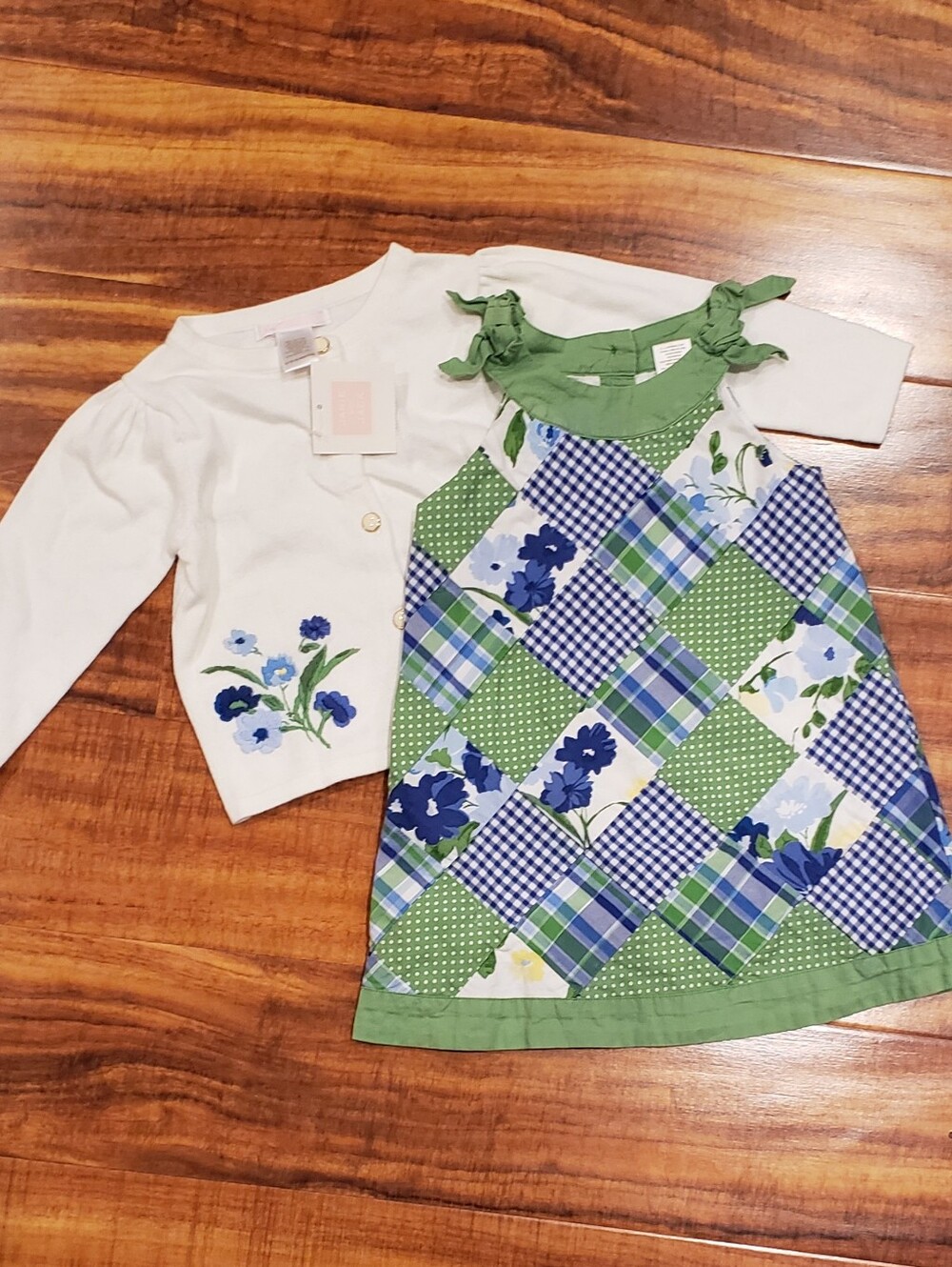 Janie and Jack EUC/NWT 12-18 months patchwork shift dress and floral cardigan